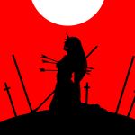  arrow death highres horn hoshiguma_yuugi katana kneeling long_hair moon polearm red_background silhouette simple_background smile spear sword touhou underline_hina weapon 