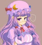  ... 1girl bespectacled blush breasts bust capelet crescent crossed_arms crying dress fujiyama_takashi glasses grey_background hair_ribbon large_breasts long_hair mob_cap patchouli_knowledge purple_dress purple_hair ribbon simple_background solo striped striped_dress touhou tress_ribbon very_long_hair violet_eyes 