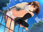  1girl ass bishoujo black_legwear brown_eyes brown_hair from_below hair_bobbles hair_ornament highres kneehighs legs long_sleeves nonohara_miki outdoors panties school_uniform shoes skirt socks solo sweater_vest trefoil underwear upskirt watase_tamaki white_panties 