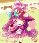  1girl alternate_costume alternate_eye_color apron character_name cupcake dress hat heterochromia league_of_legends long_hair looking_at_viewer lulu_(league_of_legends) mizoreame open_mouth puffy_sleeves purple_dress purple_hair short_sleeves smile solo 