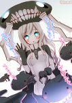  1girl aqua_eyes black_gloves bodysuit cane cape gloves glowing glowing_eyes hat kantai_collection long_hair open_mouth pale_skin shinkaisei-kan silver_hair solo translation_request wo-class_aircraft_carrier yadapot 