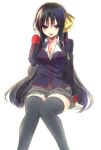  1girl black_hair kurugaya_yuiko little_busters!! long_hair masayu ribbon school_uniform sitting thigh-highs violet_eyes 