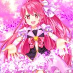  1girl :d aino_megumi bowtie brooch buntan cure_lovely frills hair_ornament happinesscharge_precure! heart_hair_ornament jewelry long_hair magical_girl open_mouth outstretched_hand pink pink_background pink_eyes pink_hair pink_skirt ponytail precure skirt smile solo star 