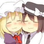  2girls :3 blonde_hair blush bow brown_hair cheek-to-cheek deformed hat hat_bow maribel_hearn multiple_girls necktie tori_(minamopa) touhou usami_renko yuri 