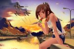  1girl airplane brown_eyes brown_hair food fruit i-401_(kantai_collection) kantai_collection lonsdaleite one-piece_swimsuit personification ponytail popsicle school_swimsuit school_uniform short_hair short_ponytail solo swimsuit watermelon 