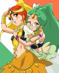  adapted_costume bindi blush bracelet earrings forehead_jewel glasses green_haired_cure_(wonderful_net_precure)_(happinesscharge_precure!) happinesscharge_precure! jewelry long_hair midriff navel orange_haired_cure_(wonderful_net_precure)_(happinesscharge_precure!) precure sorano-umi 