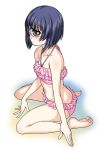  1girl bare_shoulders bikini blue_hair blush cyclops kouda_tomohiro manako monster_girl monster_musume_no_iru_nichijou one-eyed pink_bikini short_hair simple_background sitting solo swimsuit tagme wariza white_background 