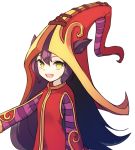  1girl dress green_eyes league_of_legends long_hair long_sleeves lulu_(league_of_legends) open_mouth purple_hair red_hat smile solo white_background 