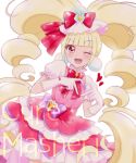  1girl ;d aisaki_emiru bangs blonde_hair blunt_bangs bow character_name commentary_request cure_macherie eyebrows_visible_through_hair gloves hair_bow heart heart_hands hugtto!_precure long_hair looking_at_viewer magical_girl one_eye_closed open_mouth pink_eyes precure puffy_short_sleeves puffy_sleeves red_bow short_sleeves simple_background smile smile_(violet) solo twintails very_long_hair white_background white_gloves 