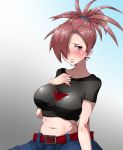  1girl asuna_(pokemon) belly belt blush breasts brown_hair crop_top gym_leader hair_ornament hair_over_one_eye hairclip jeans large_breasts long_hair midriff navel pokemon pokemon_(game) pokemon_rse ponytail red_eyes scrunchie solo sweatdrop terui 