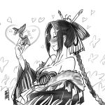  1girl antaria bare_shoulders blush breasts butterfly closed_eyes hair_ornament heart large_breasts lips monochrome rough signature smile solo white_background 