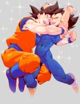  2boys abs absurdres arms_up black_hair bodysuit boots clenched_hand clothed_navel dragon_ball dragon_ball_z gloves grey_background highres hug jumping legs_folded male multiple_boys muscle open_mouth skin_tight smile son_gokuu sparkle spiky_hair supobi vegeta wristband 