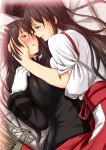  2girls akagi_(kantai_collection) black_hair blush brown_eyes brown_hair eye_contact female_admiral_(kantai_collection) hand_on_another&#039;s_face hand_on_another&#039;s_head highres japanese_clothes kantai_collection long_hair looking_at_another multiple_girls niwatazumi no_hat personification quiver smile violet_eyes yuri 