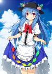 1girl blue_hair blue_sky bow clouds food fruit grin hat highres hinanawi_tenshi layered_skirt leaf long_hair looking_at_viewer nandemo118 peach puffy_short_sleeves puffy_sleeves red_eyes short_sleeves skirt skirt_lift sky smile solo touhou