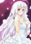  1girl breasts bridal_veil cleavage dress fujiwara_minaho gloves grey_hair jewelry long_hair marker_(medium) red_eyes ring traditional_media veil vocaloid wedding_dress wedding_ring white_gloves yowane_haku 