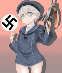  1girl beret blue_eyes blush gun hat highres kantai_collection looking_at_viewer moro_(eiyu) personification sailor_hat short_hair silver_hair solo swastika weapon z1_leberecht_maass_(kantai_collection) 