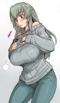  1girl bare_shoulders blush breast_suppress breasts directional_arrow frown gradient gradient_background hyougintou jeans large_breasts long_hair looking_down open_mouth red_eyes ribbed_sweater rozen_maiden sigh silver_hair simple_background solo sweat sweater tsuda_nanafushi 
