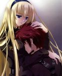  1boy 1girl belt blonde_hair blue_eyes breast_smother breasts carnelian comforting couple female hairband hand_on_head hug irisdina_bernhard large_breasts long_hair male messy_hair military military_uniform muvluv redhead scan scan_artifacts schwarzesmarken short_hair tears theodor_edelbach uniform 