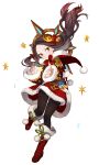  1girl alternate_costume black_hair black_legwear boots christmas dress frown full_body green_eyes gwayo highres irelia league_of_legends long_hair long_sleeves pantyhose pom_pom_(clothes) red_dress white_background 