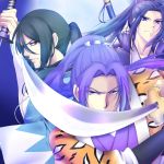  3boys assassin_(fate/stay_night) black_hair blue_hair crossover fate/stay_night fate_(series) hakuouki_shinsengumi_kitan harukanaru_toki_no_naka_de highres hijikata_toshizou_(hakuouki) katana long_hair luluyama miki_shin&#039;ichirou minamoto_no_yorihisa multiple_boys multiple_crossover ponytail purple_hair samurai seiyuu_connection sword weapon 