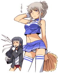  2girls :t =_= alternate_hairstyle anabuki_tomoko anger_vein black_hair bloomers blue_eyes cheerleader elizabeth_f_beurling gloves headband midriff multiple_girls navel ouendan panties pom_poms silver_hair strike_witches tabigarasu thigh-highs underwear whistle wristband 