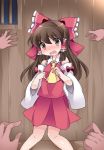  1girl ascot bare_shoulders blush bow brown_eyes brown_hair commentary_request detached_sleeves hair_bow hair_tubes hakurei_reimu hammer_(sunset_beach) long_hair open_mouth payot skirt skirt_set solo_focus touhou 