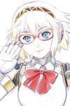  1girl aegis blonde_hair blue_eyes face glasses light_smile looking_at_viewer persona persona_3 red-framed_glasses short_hair solo ueyama_michirou 