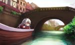  1girl antlers bridge bush canal crossed_arms eyebrows flower_(symbol) gondola long_hair noconol open_mouth original planter solo sweater thick_eyebrows town traditional_media wavy_hair yellow_eyes 