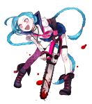  1girl alternate_costume blood blue_hair blue_skirt boots braid chainsaw fangs full_body gloves gwayo holding_weapon jinx_(league_of_legends) league_of_legends long_sleeves open_mouth pink_eyes school_uniform shirt skirt solo twin_braids white_background white_shirt yandere 