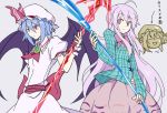 2girls bat_wings blue_hair bow bubble_skirt cravat hat hata_no_kokoro kenii lavender_eyes lavender_hair mask multiple_girls naginata pink_eyes plaid plaid_shirt polearm remilia_scarlet sash skirt spear_the_gungnir touhou translation_request weapon wings yukkuri_shiteitte_ne