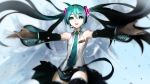  1girl aqua_eyes aqua_hair armpits detached_sleeves hatsune_miku headset highres kriss_sison long_hair looking_at_viewer name_tag necktie open_mouth outstretched_arms skirt smile solo tattoo thigh-highs twintails very_long_hair vocaloid zettai_ryouiki 