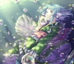  1girl air_bubble blue_eyes blue_hair bubble commentary_request curly_hair expressionless frills head_fins highres japanese_clothes kimono long_sleeves mermaid monster_girl obi sash shinigami_(pixiv4727902) solo touhou underwater wakasagihime wide_sleeves 