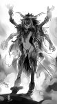  1girl antaria chi_you chinese_mythology dark_skin dated extra_arms high_heels horns long_hair monochrome navel rough signature solo topless very_long_hair 