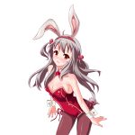  1girl animal_ears bowtie bunny_tail bunnysuit detached_collar grey_hair long_hair moe_(450367098) original pantyhose rabbit_ears red_eyes tail two_side_up wrist_cuffs 