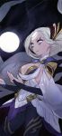  1girl alternate_costume blue_eyes breasts bridal_gauntlets cleavage diana_(league_of_legends) facial_mark glowing grey_skin gwayo highres league_of_legends long_hair pants shirt silver_hair smile solo white_shirt 