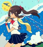  1girl arched_back blue_sky brown_hair clouds drinking fish flying_fish juice_box kurokeisin long_hair looking_at_viewer mountain neck_ribbon original pleated_skirt ponytail profile red_eyes ribbon school_uniform scrunchie short_sleeves skirt sky solo standing sun wristband 