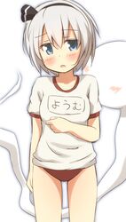  1girl alternate_costume blue_eyes blush buruma embarrassed gym_uniform hair_ribbon konpaku_youmu konpaku_youmu_(ghost) open_mouth ran_(9ens2000) ribbon shirt short_sleeves silver_hair simple_background solo touhou white_background 