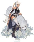  1girl animal_ears boots breasts caesty chain dark_skin detached_sleeves floral_background fox fox_ears fox_tail knee_boots long_dress multiple_belts oversized_object pencil short_hair side_slit smile solo_focus tail thigh-highs thigh_belt violet_eyes watermark web_address white_hair white_legwear 