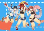  3girls \m/ akane_(pokemon) armpits asuna_(pokemon) bikini black_hair blue_eyes bow braid breasts cleavage corn earrings flip-flops flower food garters grin gym_leader hair_ornament hairclip hibiscus innertube jewelry jumping kebab large_breasts meat miniskirt multiple_girls navel pink_eyes pink_hair pokemon pokemon_(game) pokemon_dppt pokemon_hgss pokemon_rse ponytail red_eyes redhead sandals scrunchie shaved_ice skirt smile suzuna_(pokemon) swimsuit tankini teasage tied_shirt toenail_polish toes twin_braids twintails v 