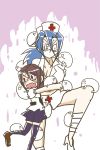  2girls blue_hair breasts brown_hair carol_(skullgirls) cleavage creature eyepatch hat hug large_breasts multiple_girls nurse nurse_cap nyoro_mutou ponytail red_eyes scared school_uniform skirt skullgirls stitches sweatdrop thigh-highs valentine_(skullgirls) zettai_ryouiki 