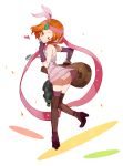  1girl alternate_costume alternate_hair_color alternate_hairstyle dress fingerless_gloves full_body gloves gwayo heart high_heels jewelry jinx_(league_of_legends) league_of_legends necklace orange_eyes orange_hair purple_dress purple_gloves short_hair smile solo white_background wink 