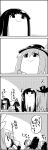  2girls 4koma animal_ears bunny_tail comic flat_gaze food from_behind fruit hat highres hinanawi_tenshi houraisan_kaguya long_hair monochrome multiple_girls peach rabbit_ears reisen_udongein_inaba skirt stick sweatdrop tail tani_takeshi thigh-highs tied_up touhou translation_request upside-down yukkuri_shiteitte_ne |_| 