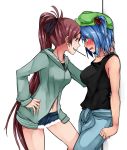  2girls alternate_costume aoshima blue_eyes blue_hair blush breasts crossover hair_bobbles hair_ornament hat highres kawashiro_nitori long_hair mahou_shoujo_madoka_magica mouth_hold multiple_girls open_mouth pocky ponytail red_eyes redhead sakura_kyouko short_hair shorts smile touhou twintails yuri 