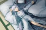  1girl animal_ears bare_legs bed_sheet blanket blue_hair closed_eyes fox_ears japanese_clothes kimono noconol open_mouth original pillow robe sleeping solo spread_legs 