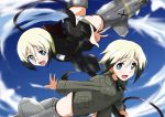  2girls blonde_hair blue_eyes brown_hair dog_tail erica_hartmann glasses gun looking_at_viewer machine_gun military military_uniform multicolored_hair multiple_girls no_pants open_mouth panties short_hair siblings sisters strike_witches striker_unit tail twins underwear uniform ursula_hartmann weapon yumekaranigeruna 