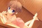  1girl :&lt; absurdres ahoge bare_shoulders barefoot brown_hair crossed_arms double_bun dutch_angle feet haruna_(kore_wa_zombie_desu_ka?) highres kore_wa_zombie_desu_ka? looking_at_viewer lying muririn naked_towel on_stomach sauna scan short_hair soles solo towel violet_eyes 