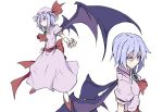  1girl bat_wings brooch cravat dress hat jewelry kenii lavender_hair pink_eyes puffy_short_sleeves puffy_sleeves remilia_scarlet sash serious short_hair short_sleeves solo touhou white_legwear wings wrist_cuffs 