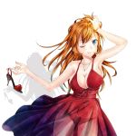  1girl armpits blue_eyes breasts charlotte_e_yeager cleavage evening_gown high_heels jewelry large_breasts long_hair messy_hair necklace orange_hair panties pomery see-through smile solo strike_witches underwear wink 
