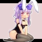  1girl 3.1-tan animal_ears black_legwear blush bow bowtie bunny_tail bunnysuit detached_collar flat_chest hair_bow highres long_hair open_mouth os-tan ponytail purple_hair rabbit_ears red_eyes solo tail thighhighs vallerg 