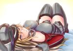 1girl bismarck_(kantai_collection) blonde_hair blue_eyes blush breasts brown_gloves detached_sleeves gloves grey_legwear hasaya hat kantai_collection long_hair lying military military_uniform peaked_cap personification shiny shiny_clothes solo uniform 